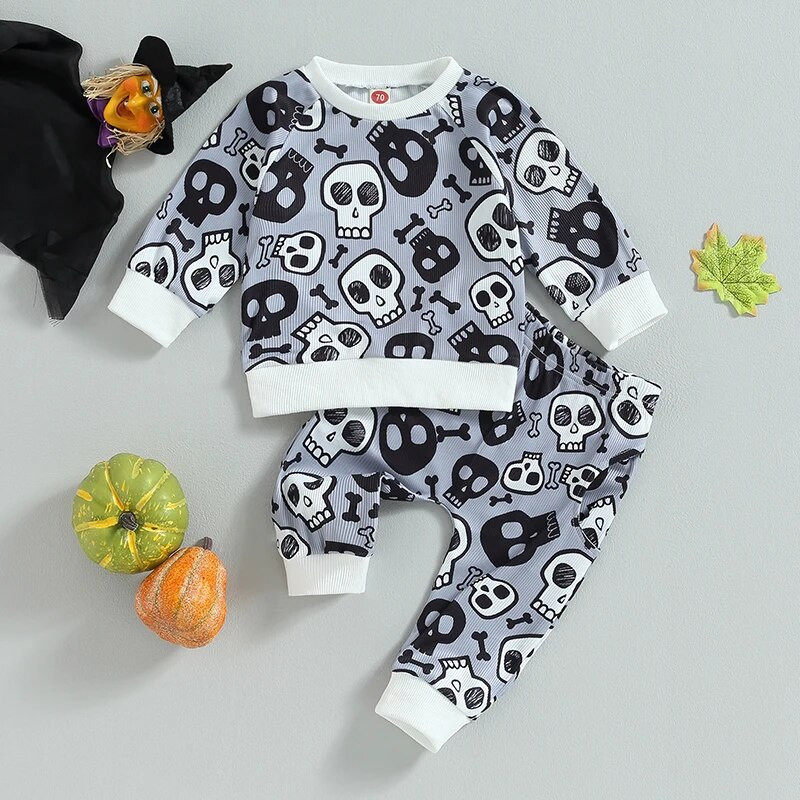 ma&baby 0-24 M Halovīni, zēni, meitenes, apģērbu komplekti ar garām piedurknēm, džemperi, topi Ghost Skull print bikses, kostīmi, mazuļu kostīmi