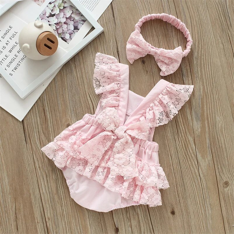 Csecsemő csipke bodyk Fly ujjú fodrok Princess újszülött kislány ruha szett jumpsuit + fejpántok