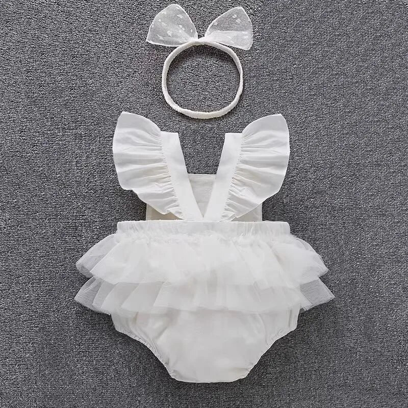 Bodiji s letnjim rukavima i volanima od čipke za djevojčice Kombinezoni za novorođenčad s trakama za glavu za ljetnu odjeću