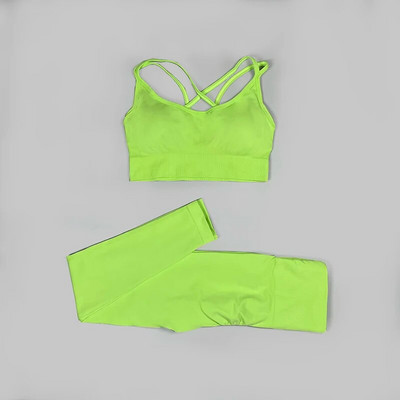 Sporta apģērbs sievietei Bezšuvju jogas komplekts Atbalstošs sporta krūšturis ar augstu vidukli legingi Divdaļīgs uzvalks fitnesa sporta zāles apģērbam