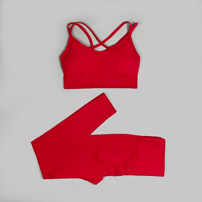 Sporta apģērbs sievietei Bezšuvju jogas komplekts Atbalstošs sporta krūšturis ar augstu vidukli legingi Divdaļīgs uzvalks fitnesa sporta zāles apģērbam