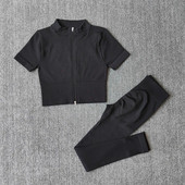 Σετ γιόγκα χωρίς ραφές Γυναικείο Σετ γυμναστηρίου Αθλητικό κοστούμι γυμναστικής Ρούχα γυμναστικής με φερμουάρ Κοντό μανίκι Crop Top ψηλόμεσο κολάν