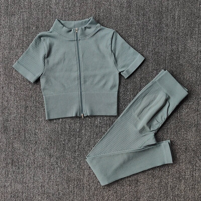 Σετ γιόγκα χωρίς ραφές Γυναικείο Σετ γυμναστηρίου Αθλητικό κοστούμι γυμναστικής Ρούχα γυμναστικής με φερμουάρ Κοντό μανίκι Crop Top ψηλόμεσο κολάν