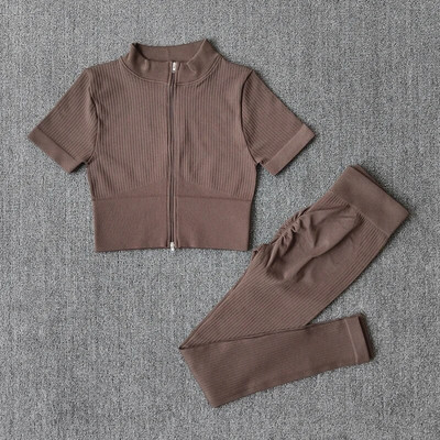 Σετ γιόγκα χωρίς ραφές Γυναικείο Σετ γυμναστηρίου Αθλητικό κοστούμι γυμναστικής Ρούχα γυμναστικής με φερμουάρ Κοντό μανίκι Crop Top ψηλόμεσο κολάν