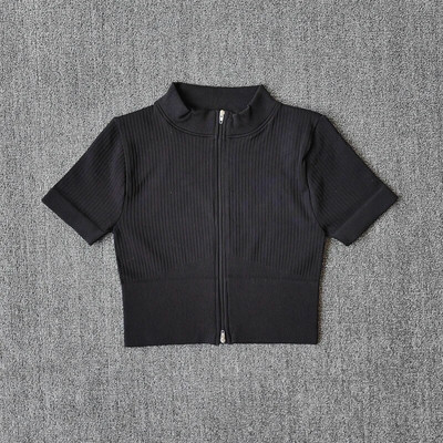 Σετ γιόγκα χωρίς ραφές Γυναικείο Σετ γυμναστηρίου Αθλητικό κοστούμι γυμναστικής Ρούχα γυμναστικής με φερμουάρ Κοντό μανίκι Crop Top ψηλόμεσο κολάν