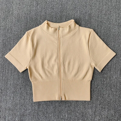 Σετ γιόγκα χωρίς ραφές Γυναικείο Σετ γυμναστηρίου Αθλητικό κοστούμι γυμναστικής Ρούχα γυμναστικής με φερμουάρ Κοντό μανίκι Crop Top ψηλόμεσο κολάν