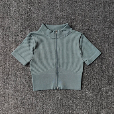 Σετ γιόγκα χωρίς ραφές Γυναικείο Σετ γυμναστηρίου Αθλητικό κοστούμι γυμναστικής Ρούχα γυμναστικής με φερμουάρ Κοντό μανίκι Crop Top ψηλόμεσο κολάν