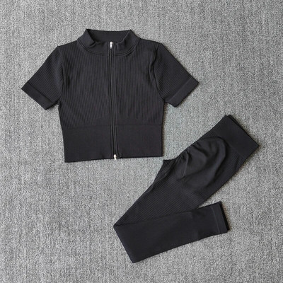 Σετ γιόγκα χωρίς ραφές Γυναικείο Σετ γυμναστηρίου Αθλητικό κοστούμι γυμναστικής Ρούχα γυμναστικής με φερμουάρ Κοντό μανίκι Crop Top ψηλόμεσο κολάν