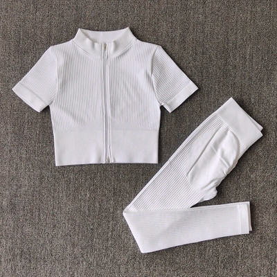 Σετ γιόγκα χωρίς ραφές Γυναικείο Σετ γυμναστηρίου Αθλητικό κοστούμι γυμναστικής Ρούχα γυμναστικής με φερμουάρ Κοντό μανίκι Crop Top ψηλόμεσο κολάν
