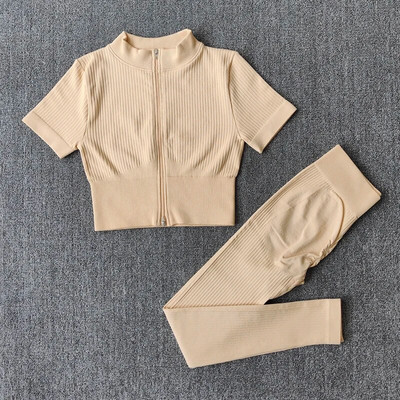 Σετ γιόγκα χωρίς ραφές Γυναικείο Σετ γυμναστηρίου Αθλητικό κοστούμι γυμναστικής Ρούχα γυμναστικής με φερμουάρ Κοντό μανίκι Crop Top ψηλόμεσο κολάν