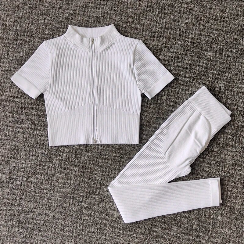 Σετ γιόγκα χωρίς ραφές Γυναικείο Σετ γυμναστηρίου Αθλητικό κοστούμι γυμναστικής Ρούχα γυμναστικής με φερμουάρ Κοντό μανίκι Crop Top ψηλόμεσο κολάν