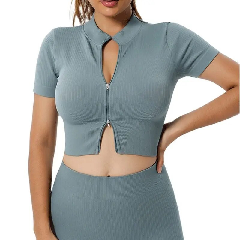 Σετ γιόγκα χωρίς ραφές Γυναικείο Σετ γυμναστηρίου Αθλητικό κοστούμι γυμναστικής Ρούχα γυμναστικής με φερμουάρ Κοντό μανίκι Crop Top ψηλόμεσο κολάν