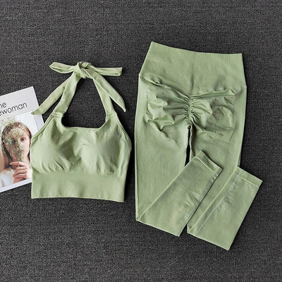 2023 Απρόσκοπτη τζόκινγκ γυμναστήριο Halter Γυναικείο σετ γιόγκα Αθλητικό σουτιέν Κολάν ψηλόμεσο Scrunch Activewear Στολή προπόνησης