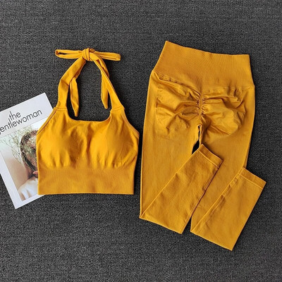 2023 Απρόσκοπτη τζόκινγκ γυμναστήριο Halter Γυναικείο σετ γιόγκα Αθλητικό σουτιέν Κολάν ψηλόμεσο Scrunch Activewear Στολή προπόνησης