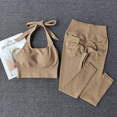 2023 Απρόσκοπτη τζόκινγκ γυμναστήριο Halter Γυναικείο σετ γιόγκα Αθλητικό σουτιέν Κολάν ψηλόμεσο Scrunch Activewear Στολή προπόνησης