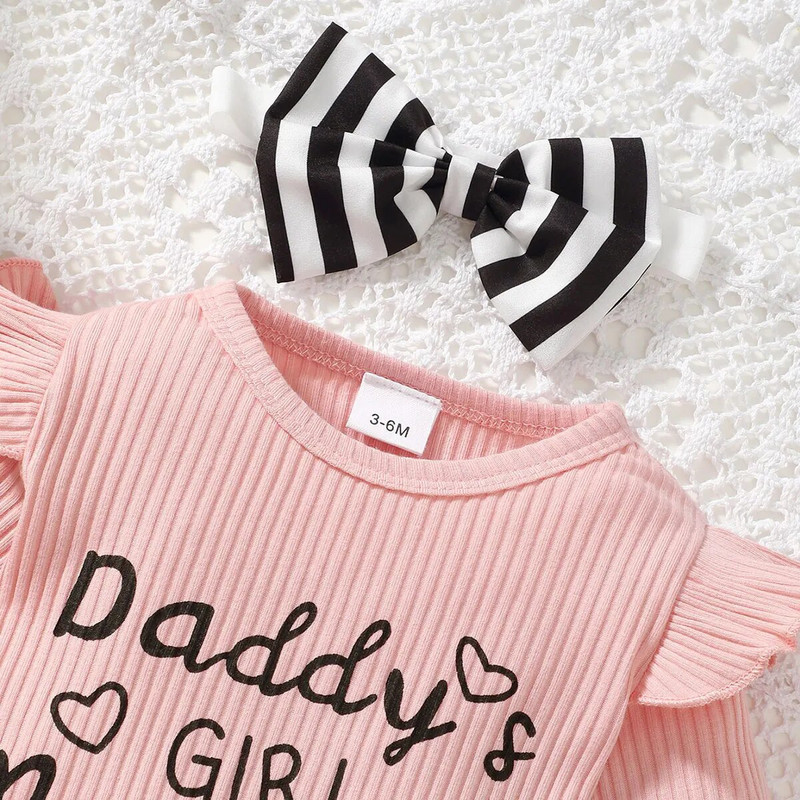 Komplet odjeće za novorođenčad, djevojčice, bodi dugih rukava + leptir mašna, prugaste hlače + traka za glavu, 3 kom.