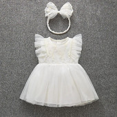 Βολάν μανίκι Καλοκαιρινό μωρό φόρεμα δαντέλας Πριγκίπισσα κορίτσια Νυφικά φορέματα + κορδέλες κεφαλής Βρεφικά ρούχα