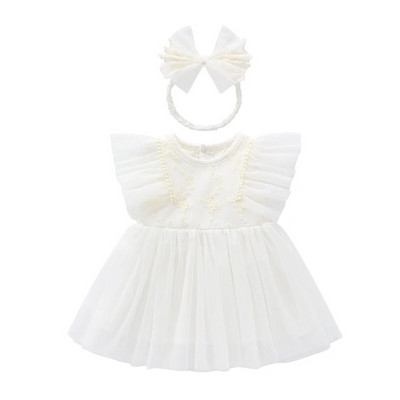 Βολάν μανίκι Καλοκαιρινό μωρό φόρεμα δαντέλας Πριγκίπισσα κορίτσια Νυφικά φορέματα + κορδέλες κεφαλής Βρεφικά ρούχα