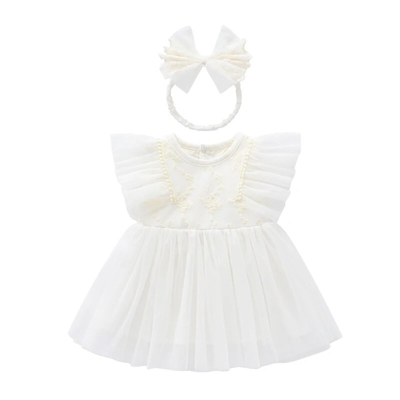 Βολάν μανίκι Καλοκαιρινό μωρό φόρεμα δαντέλας Πριγκίπισσα κορίτσια Νυφικά φορέματα + κορδέλες κεφαλής Βρεφικά ρούχα