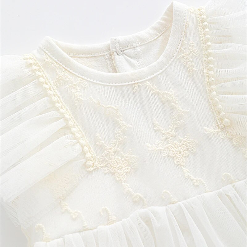 Βολάν μανίκι Καλοκαιρινό μωρό φόρεμα δαντέλας Πριγκίπισσα κορίτσια Νυφικά φορέματα + κορδέλες κεφαλής Βρεφικά ρούχα