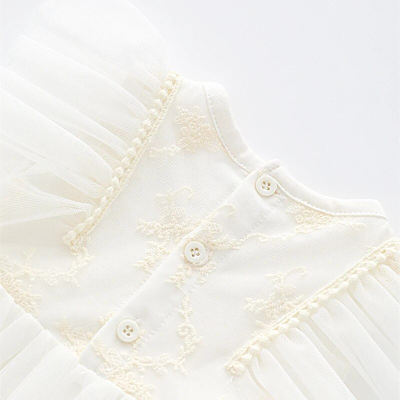 Βολάν μανίκι Καλοκαιρινό μωρό φόρεμα δαντέλας Πριγκίπισσα κορίτσια Νυφικά φορέματα + κορδέλες κεφαλής Βρεφικά ρούχα