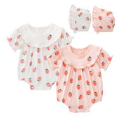 Vasaras īsās piedurknes jaundzimušo bodiji, mežģīnes, meiteņu kombinezoni ar zemeņu apdruku