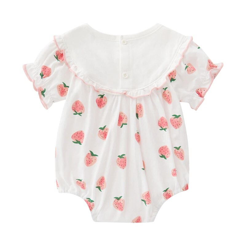 Vasaras īsās piedurknes jaundzimušo bodiji, mežģīnes, meiteņu kombinezoni ar zemeņu apdruku