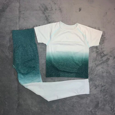 Žensko sportsko odijelo za jogu Ombre bešavne tajice + skraćeni top kratkih rukava 2-dijelna sportska odjeća Ljetni set za teretanu Odjeća za trčanje