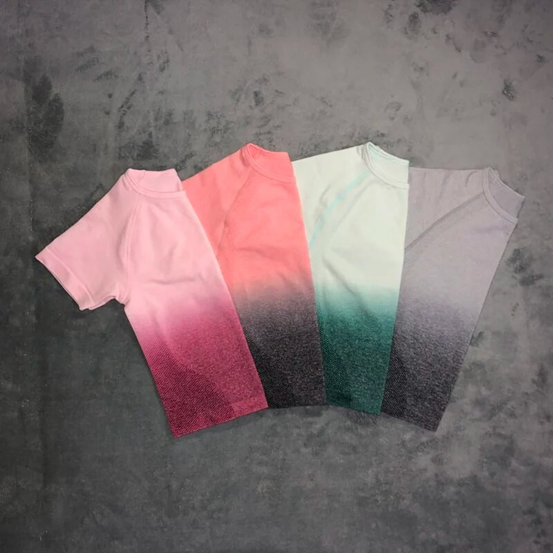 Žensko sportsko odijelo za jogu Ombre bešavne tajice + skraćeni top kratkih rukava 2-dijelna sportska odjeća Ljetni set za teretanu Odjeća za trčanje