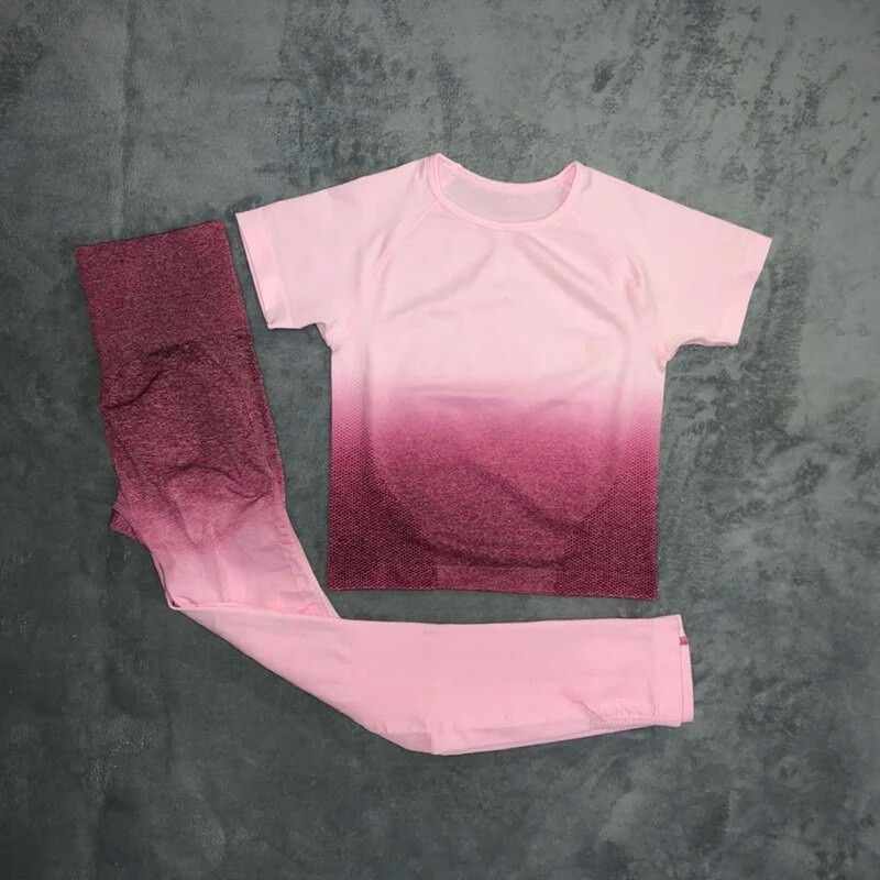 Žensko sportsko odijelo za jogu Ombre bešavne tajice + skraćeni top kratkih rukava 2-dijelna sportska odjeća Ljetni set za teretanu Odjeća za trčanje