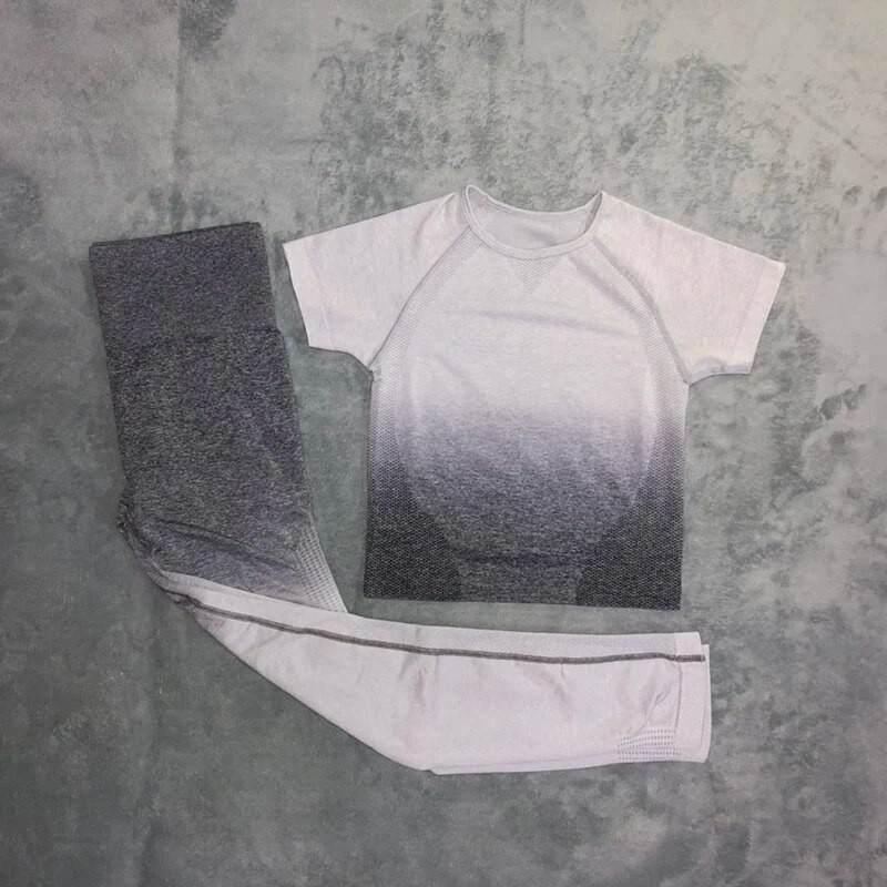 Žensko sportsko odijelo za jogu Ombre bešavne tajice + skraćeni top kratkih rukava 2-dijelna sportska odjeća Ljetni set za teretanu Odjeća za trčanje