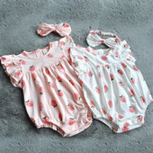 Flying Sleeves Καλοκαιρινό νεογέννητο μωρό Rompers Κοριτσάκι Jumpsuit Strawberry print Κοντό μανίκι κοριτσίστικα ρούχα