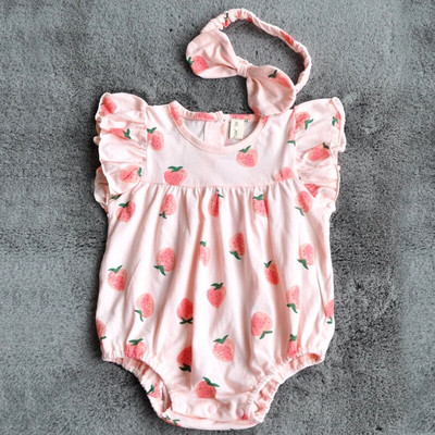Flying Sleeves Καλοκαιρινό νεογέννητο μωρό Rompers Κοριτσάκι Jumpsuit Strawberry print Κοντό μανίκι κοριτσίστικα ρούχα