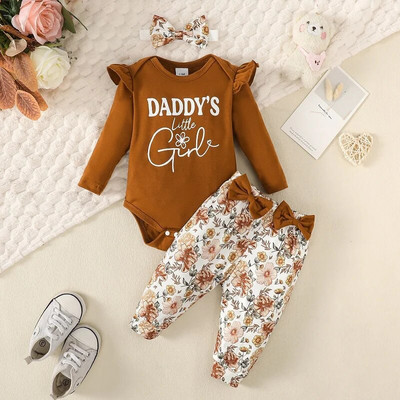 Mazu bērnu apģērbu komplekts meitenēm ar garām piedurknēm ar burtu kombinezonu + ar ziediem apdrukātas bikses