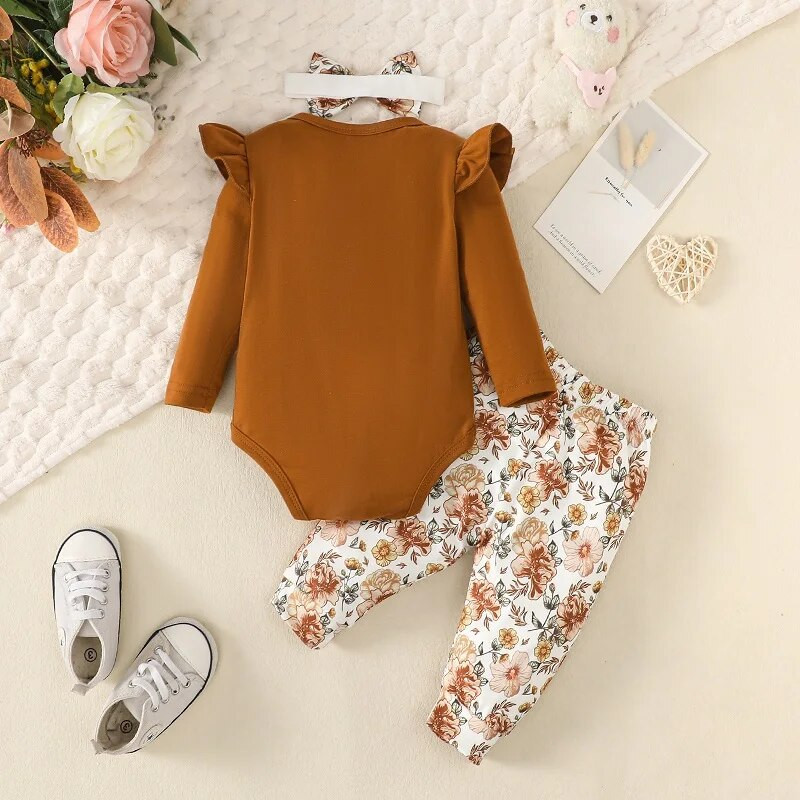 Mazu bērnu apģērbu komplekts meitenēm ar garām piedurknēm ar burtu kombinezonu + ar ziediem apdrukātas bikses