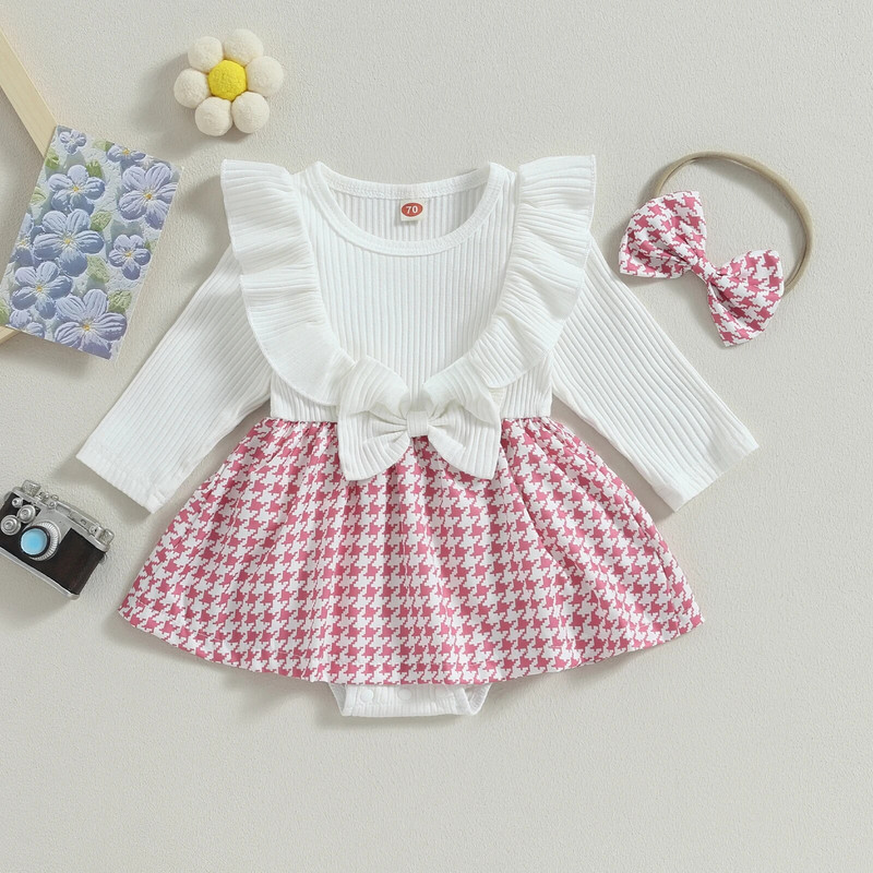 ma&baby 0-24M Kombinezon za novorođenčad, dojenčad, djevojčice, princeza, karirani nabori, pleteni čipkasti kombinezon, kombinezon za igru, odjeća za malu djecu D05