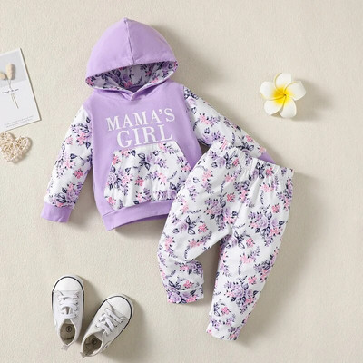 Toddler Baby Girl Ανοιξιάτικο σετ ρούχων φθινοπώρου Γράμματα τύπωμα μακρυμάνικο μπλουζάκι με κουκούλα +Παντελόνι με λουλούδια Νεογέννητο μωρό 2 ΤΕΜ.