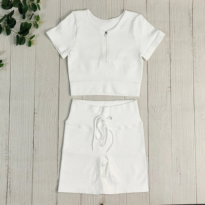 Bezšuvju Jogas Komplekts Sporta Uzvalks Sieviešu Treniņa Apģērbs Sporta zāle Rāvējslēdzējs Īsām Piedurknēm Crop Tops Savelkams Šorti Sporta Šorti Fitnesa Sporta apģērbs