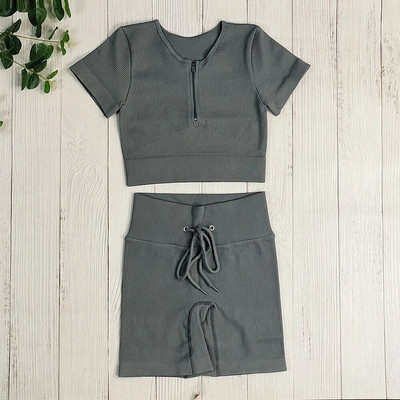 Bezšuvju Jogas Komplekts Sporta Uzvalks Sieviešu Treniņa Apģērbs Sporta zāle Rāvējslēdzējs Īsām Piedurknēm Crop Tops Savelkams Šorti Sporta Šorti Fitnesa Sporta apģērbs