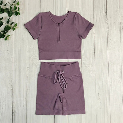 Bezšuvju Jogas Komplekts Sporta Uzvalks Sieviešu Treniņa Apģērbs Sporta zāle Rāvējslēdzējs Īsām Piedurknēm Crop Tops Savelkams Šorti Sporta Šorti Fitnesa Sporta apģērbs