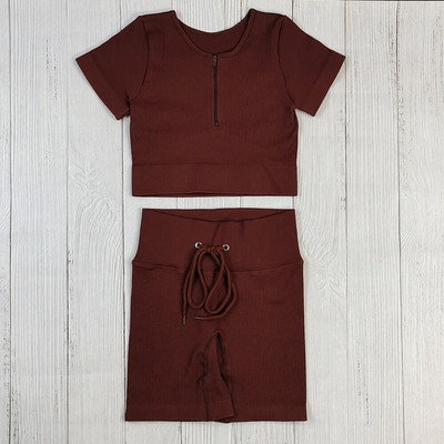 Bezšuvju Jogas Komplekts Sporta Uzvalks Sieviešu Treniņa Apģērbs Sporta zāle Rāvējslēdzējs Īsām Piedurknēm Crop Tops Savelkams Šorti Sporta Šorti Fitnesa Sporta apģērbs