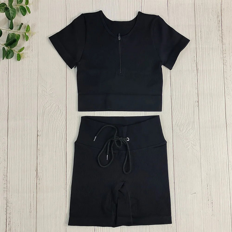 Bezšuvju Jogas Komplekts Sporta Uzvalks Sieviešu Treniņa Apģērbs Sporta zāle Rāvējslēdzējs Īsām Piedurknēm Crop Tops Savelkams Šorti Sporta Šorti Fitnesa Sporta apģērbs