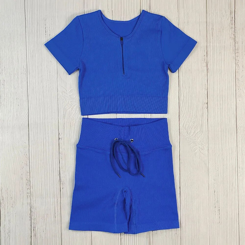 Bezšuvju Jogas Komplekts Sporta Uzvalks Sieviešu Treniņa Apģērbs Sporta zāle Rāvējslēdzējs Īsām Piedurknēm Crop Tops Savelkams Šorti Sporta Šorti Fitnesa Sporta apģērbs