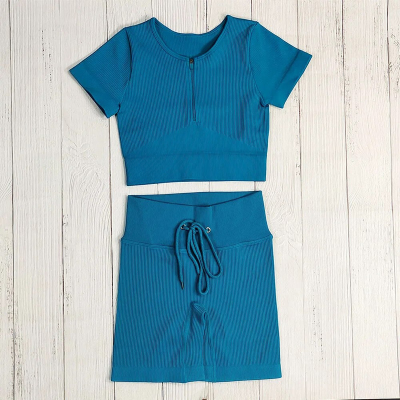 Bezšuvju Jogas Komplekts Sporta Uzvalks Sieviešu Treniņa Apģērbs Sporta zāle Rāvējslēdzējs Īsām Piedurknēm Crop Tops Savelkams Šorti Sporta Šorti Fitnesa Sporta apģērbs