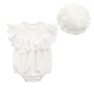 Βολάν Hollow Flowers Νεογέννητο Βρεφικό Κοριτσίστικο Καλοκαιρινό κορμάκι + Καπέλο Σετ ρούχων