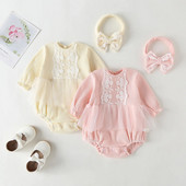 Mežģīņu jaundzimušo meitenes drēbes Princeses kombinezons ar garām piedurknēm vasaras zīdaiņu meiteņu bodijs + galvas saite