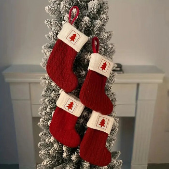 1 бр. Коледен чорап с модел на коледно дърво, шнур с бели супер меки плюшени маншети Коледна украса