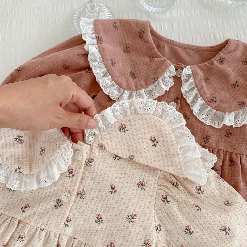 Jesen 2023., jednodijelni kombinezoni za novorođenčad, dječje kombinezone za djevojčice, pune rukave s Peter Pan ovratnikom i čipkom s naborima, jednodijelni bodi za malu djecu