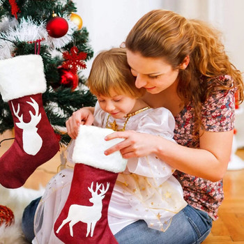 Коледни чорапи Red Velvet Xmas Stocking Reindeer Snowflake Socks for Family Висяща камина Holiday Xmas Party Decor