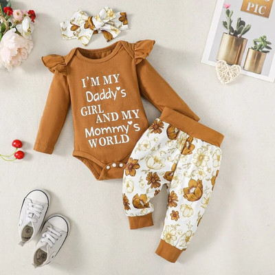 Komplet odjeće za novorođenče za djevojčice 0-18M Jesenski kombinezon s dugim rukavima + komplet traka za glavu za djevojčice Modni odijelo za djevojčice